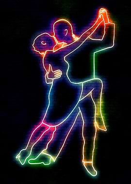 Neon Tango Dancers on Brick Wall