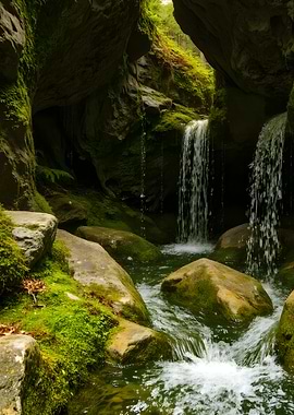 Mossy Waterfall in a Rocky Grotto