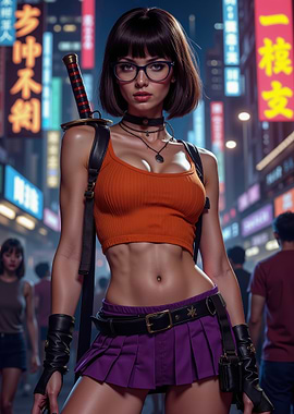 A Woman In An Orange Tank Top And Purple Skirt