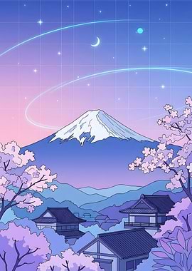 Moonlit Fuji with Cherry Blossoms
