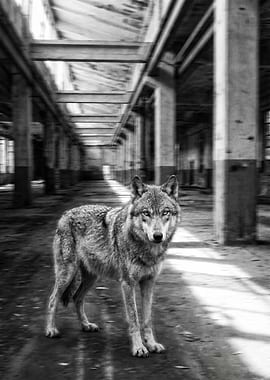 Wolf in Abandoned Building - Black and White