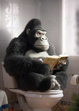 Gorilla Reading on Toilet