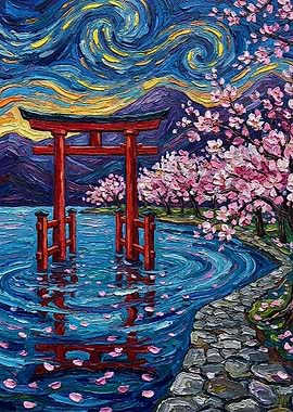 Japanese Torii Gate with Cherry Blossoms