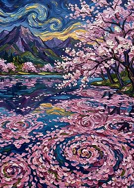 Cherry Blossoms Impressionistic Landscape Painting