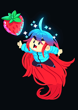 Celeste character with strawberry illustration