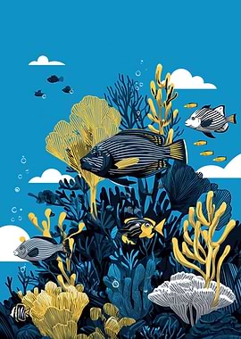 Underwater Coral Reef with Fish Illustration