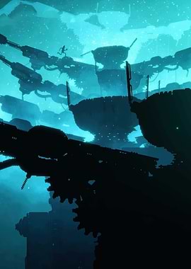 Abstract Futuristic Cityscape with Running Figure