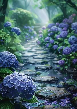 Rainy Hydrangea Garden Path
