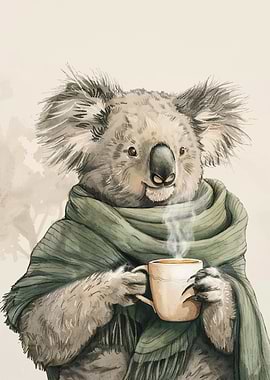 Koala with Coffee Watercolor Illustration
