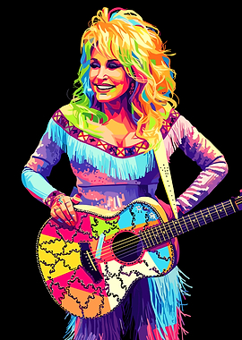 Dolly Parton Colorful Portrait with Guitar