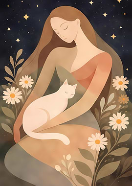 Woman with Cat and Daisies