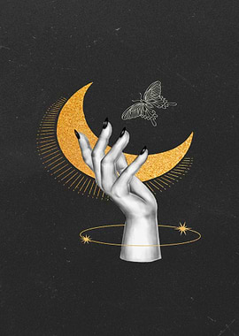 Hand, Moon, and Butterfly Illustration