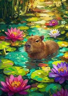 Capybara in Lily Pond Painting