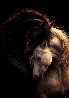 Black and White Horses Couple - Luxury Animal Wall Art - Romantic Gift Decor