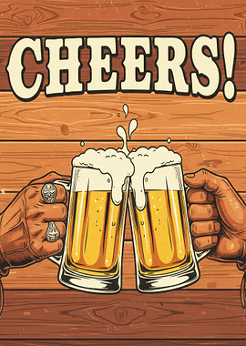Cheers! Beer mugs toast on wood background