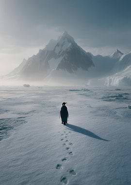 Penguin in Antarctica with Mountain Backdrop
