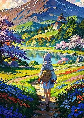 Anime Girl Hiking in Scenic Landscape