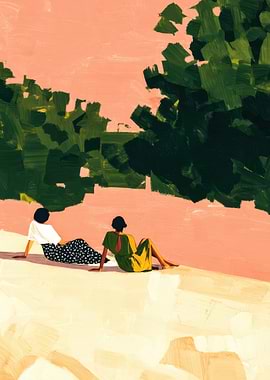 Two Women Relaxing Outdoors Painting
