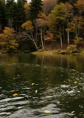 Autumnal River Scene with Falling Leaves