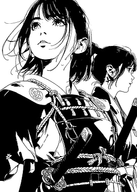 Two Samurai Girls in Black and White
