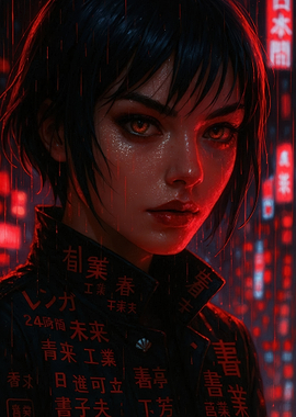 Cyberpunk Girl in Red Neon Rain