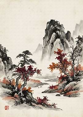 Ink Wash Painting of Mountain Landscape