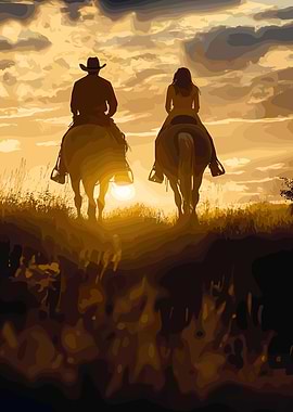 Cowboy and Cowgirl Sunset Ride