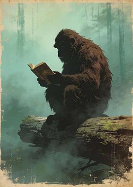 Bigfoot Reading Book in Forest