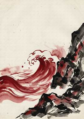 Red Wave and Mountain Ink Painting