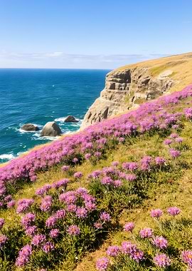 Coastal Cliff with Pink Flowers