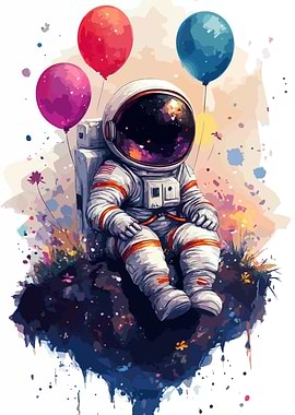 Astronaut with Balloons Watercolor Art