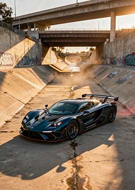 Dark Green Supercar in Concrete Riverbed