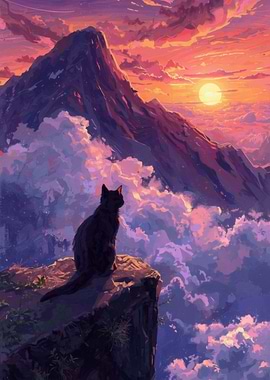 Cat on Mountain Peak at Sunset