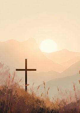 Cross Silhouette at Sunrise Landscape