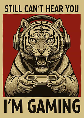 Still Can’t Hear You I’m Gaming Poster, Tiger Gamer Wall Art, Funny Gaming Room Print