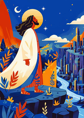 Jesus overlooking a futuristic city
