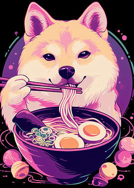 Shiba Inu Eating Ramen Illustration