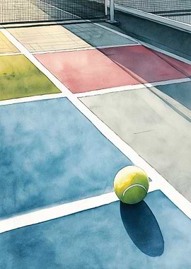 Watercolor Tennis Court with Ball