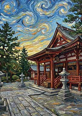 Japanese Temple in Van Gogh Style