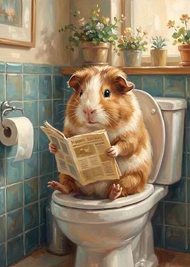 Guinea Pig Reading Newspaper on Toilet