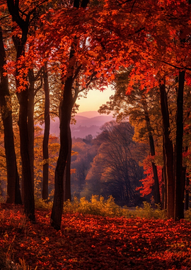 Autumn Forest Landscape with Red Leaves