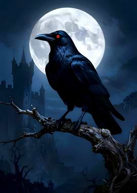 Raven Perched Under Full Moon