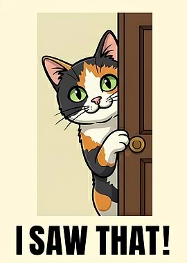 Cartoon Calico Cat Peeking Behind Door