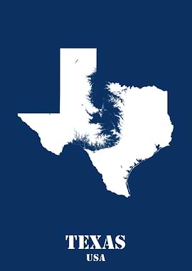 Texas USA State Minimalist White Topographic Contour Relief Map featuring terrain on navy blue background