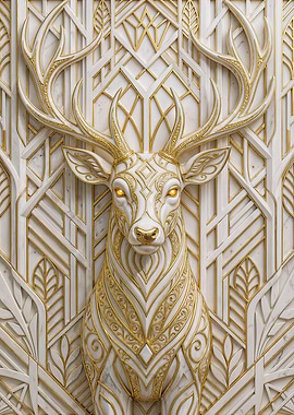 Sacred Golden Stag Art – Art Deco Deer Sculpture Luxury Wall Decor