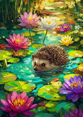 Hedgehog in Lily Pond Painting