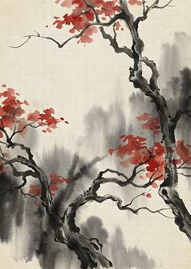 Japanese Ink Painting with Red Leaves