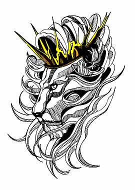 Lion with Crown Ink Drawing