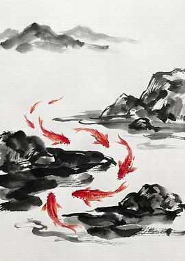 Koi Fish Ink Painting Landscape