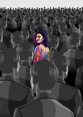 Woman in Color Among Gray Crowd